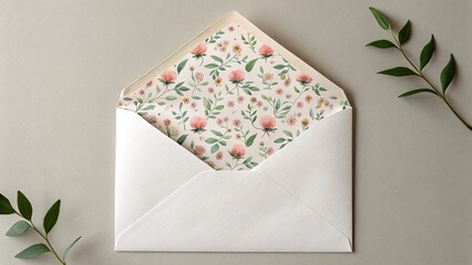 An elegant open white envelope reveals a beautiful floral patterned lining in soft pink and green tones, subtly accented by green leaves on a muted background