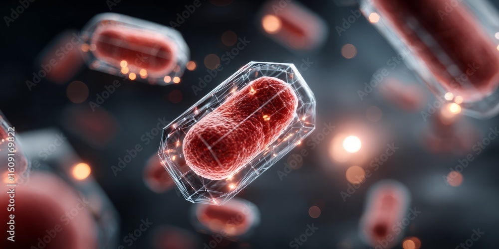 Poster futuristic capsule-like microorganisms enclosed in transparent geometric shells floating in a dark s