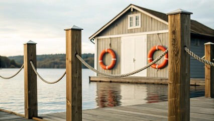 A charming rustic wooden boathouse with closed doors and windows, featuring a prominent orange lifebuoy hanging on a wooden post by a pier with rope railing, overlooking a calm lake at sunset, ideal f