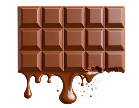 Melting chocolate bar with a bite mark, isolated PNG