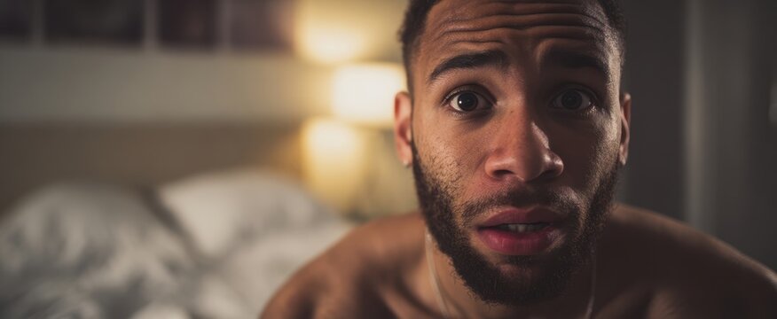 The surprised man expressing deep emotion in a dimly lit bedroom setting.