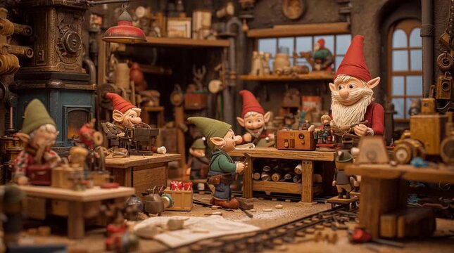A bustling yet cozy Christmas workshop where cheerful elves craft toys with care. A festive, magical scene perfect for holiday stories, children&rsquo;s media, and seasonal branding projects.
