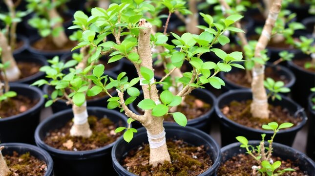 Young ficus bonsai trees in black nursery pots - Powered by Adobe