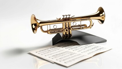 Gold trumpet on stand with sheet music
