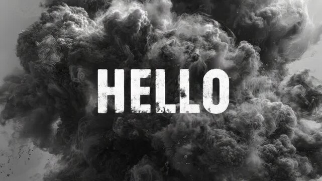 Large distressed HELLO text in white stands out against dramatic black smoke swirls, set on a neutral gray background, symbolizing contrast