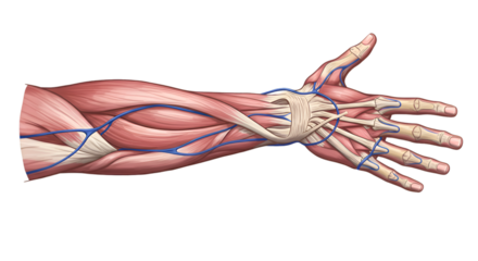Anatomical illustration of the human forearm and hand, detailing the musculature, bones, and venous system.