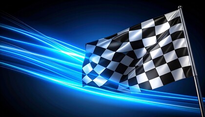 Short Prompt: Black-and-white checkered racing flag with dynamic blue motion streaks