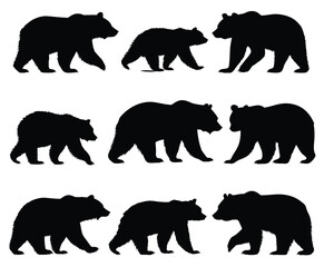 Collection of nine black bear silhouettes in various poses on a white background in a square layout