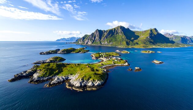 Aerial view of rocky islands in the blue ocean, with majestic mountains under a partly cloudy sky