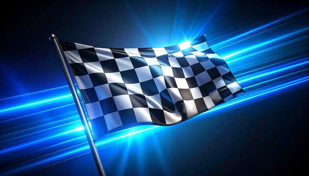 Short Prompt: Black-and-white checkered racing flag with dynamic blue motion streaks