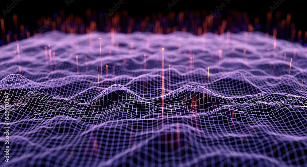 Poster abstract purple wireframe landscape with glowing lines and particles on a dark background ai generat
