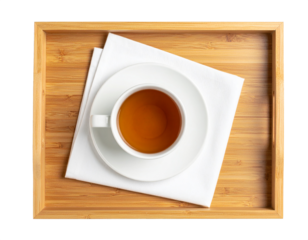 Wooden tray with folded napkin and teacup isolated PNG