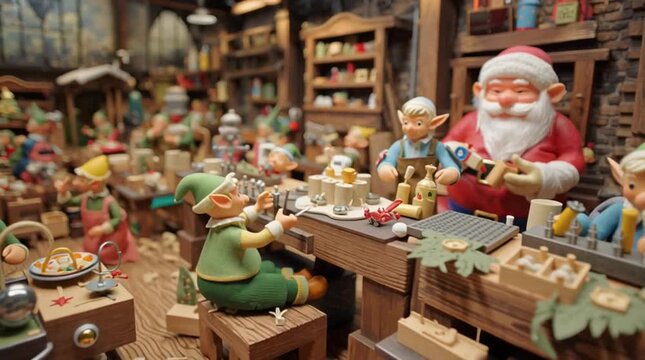 A bustling yet cozy Christmas workshop where cheerful elves craft toys with care. A festive, magical scene perfect for holiday stories, children&rsquo;s media, and seasonal branding projects.
