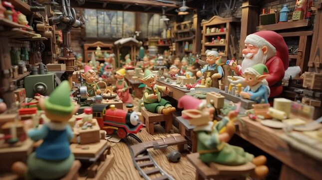 A bustling yet cozy Christmas workshop where cheerful elves craft toys with care. A festive, magical scene perfect for holiday stories, children’s media, and seasonal branding projects.
