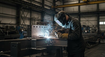 Industrial Welder Fabricating Metal Structure in Workshop
