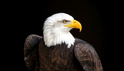 Fototapeta premium Close-up of an eagle, profile view, against black background. Sharp focus on head and upper body, showcasing plumage details. Yellow beak and piercing eyes