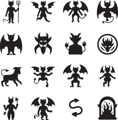 Devil, icon, set, demon, satan, halloween, silhouette, vector, black, isolated, illustration, design, monster, hell, evil, character