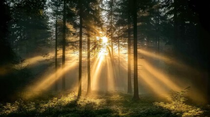 Obraz premium Sunlight streams through misty forest