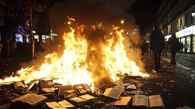 Burning books on fire outdoors in dramatic scene