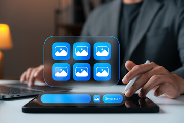 AI image generation technology, businessman using digital tablet with virtual image interface and generate button, artificial intelligence and creative automation in digital content creation.