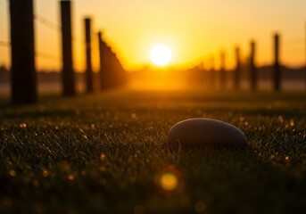 Rugby ball rests on a sunlit grassy field with goalposts in the background.