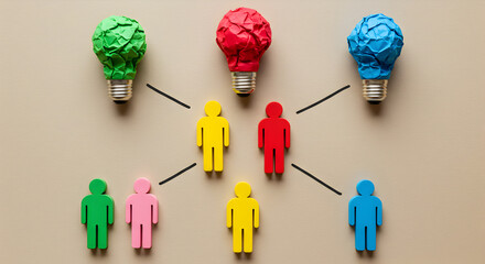  Colorful human figures connected to crumpled paper lightbulbs, symbolizing diverse ideas, creativity, and collaborative brainstorming.