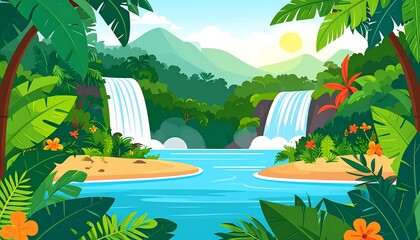 Lush jungle landscape with waterfall