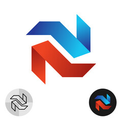 Abstract geometric technical logo. Colorful 3D ribbon style symbol of initial letter N or fan type illustration. Creative gradient color minimalistic industrial sign