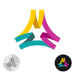 Abstract colorful triangle wide ribbon stylized logo. Bright colors tech 3D infinity illusion loop symbol made of connected stripes