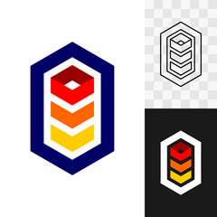 Abstract 3D box geometric tech logo icon. Long vertical hex shape border with technical type elements inside. Computer data storage theme hexagonal symbol.