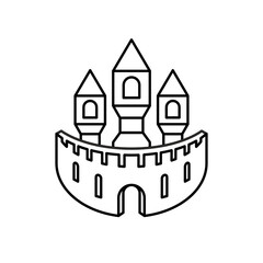 Castle line icon with towers silhouette, fortification wall with center door and loopholes. Palace simple logo. Editable stroke.