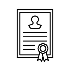 Certificate, diploma or other approve official document line icon. Paper sheet with photo ID, text and seal stamp symbol. Editable stroke.