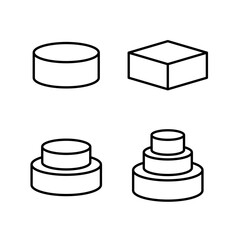 Cake shape type icon set. 3D isometric line symbols of pastry cake in various design - round, square, two and three floor. Editable stroke.