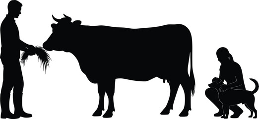 Farmers feeding cow, petting dog, rural lifestyle, agriculture scene, animal care, farm chores, countryside harmony, livestock interaction, pastoral moments