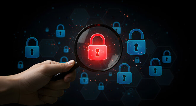 Hand holding a magnifying glass over a glowing red padlock, with other blue padlocks in the background, symbolizing cybersecurity breach detection and security threats. - Powered by Adobe