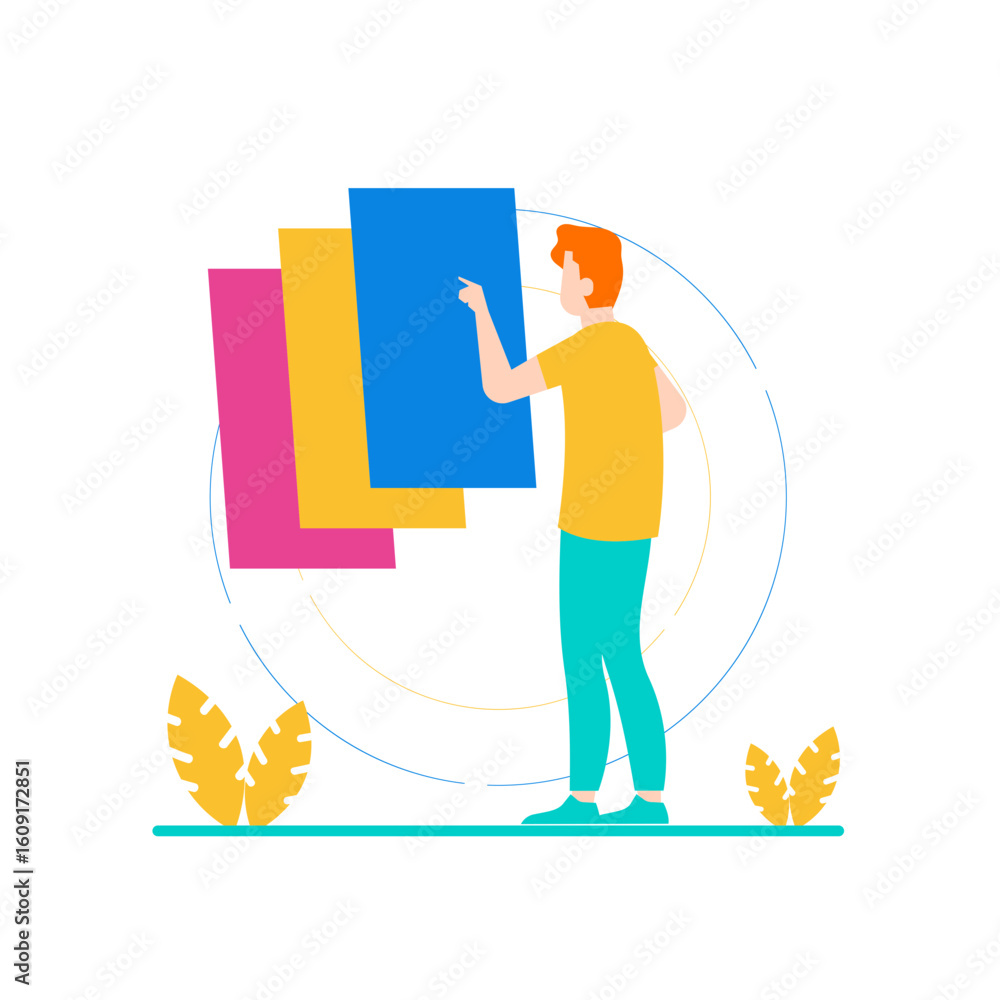 Poster menu selection. man interacting with colorful panels isolated on transparent background