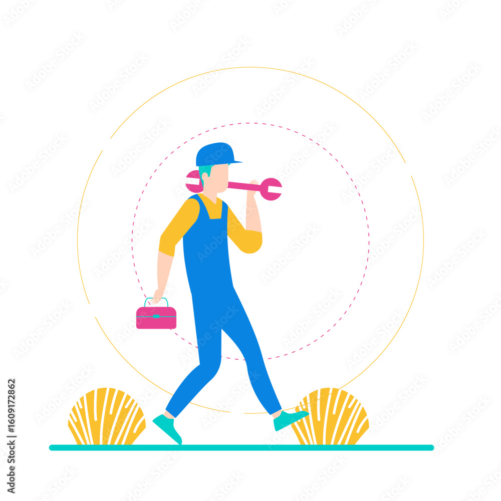 Poster mechanic. cartoon mechanic walking with wrench and toolbox isolated on transparent background