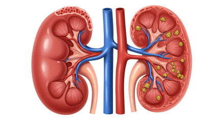 Anatomical illustration comparing a healthy human kidney with one affected by kidney stones, detailing internal structures and vascular connections.