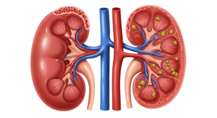 Anatomical illustration comparing a healthy human kidney with one affected by kidney stones, detailing internal structures and vascular connections.