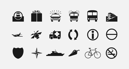 Black and White Icon Set Featuring Transportation and Symbols