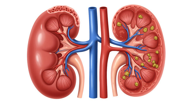 Anatomical illustration comparing a healthy human kidney with one affected by kidney stones, detailing internal structures and vascular connections.