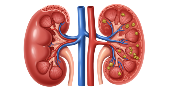 Anatomical illustration comparing a healthy human kidney with one affected by kidney stones, detailing internal structures and vascular connections.