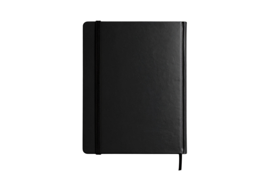 Minimalist Black Notebook with Elastic Closure on Light Grey Background – Stationery Flat Lay Isolated on Transparent Background PNG