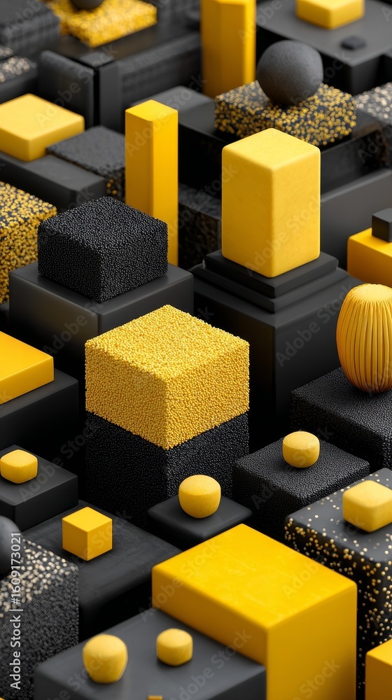 Poster abstract 3d black and yellow product mockup blocks with sharp geometric shapes and vibrant contrast,