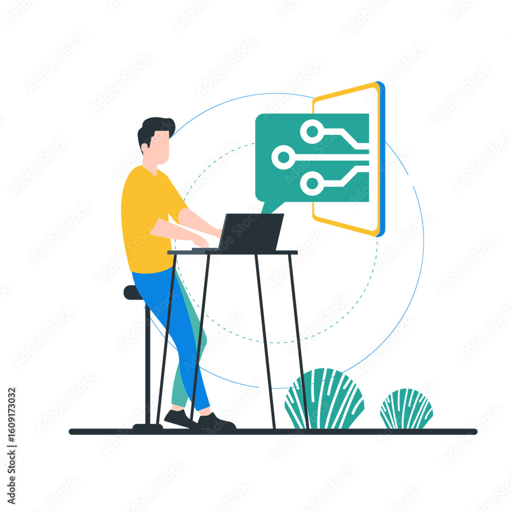Poster technology. man working on laptop with digital communication icon isolated on transparent background