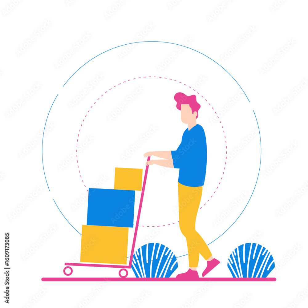 Poster warehouse. man pushing a trolley with boxes isolated on transparent background