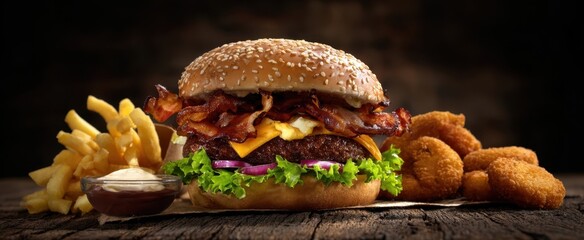 The mouthwatering burger with bacon, cheese, and sides served on a rustic table.
