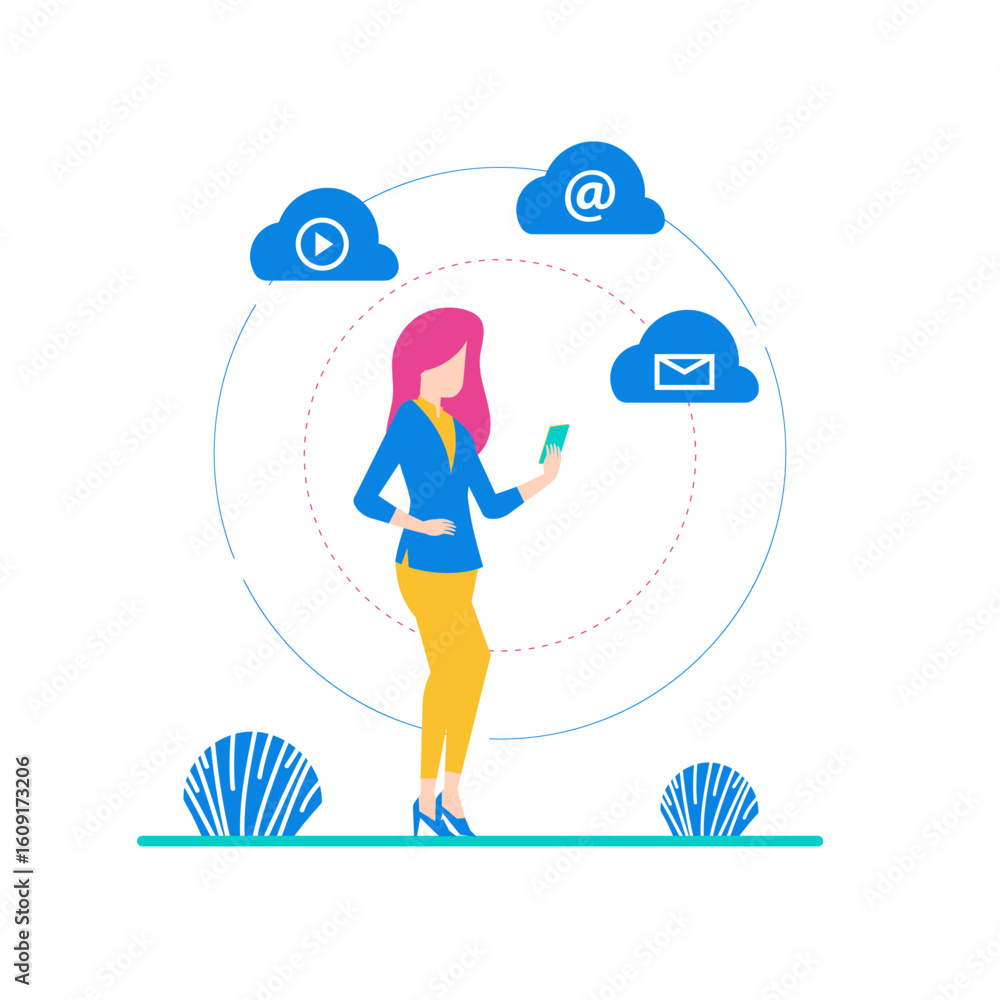 Poster cloud. woman using smartphone with cloud technology and communication icons isolated on transparent 