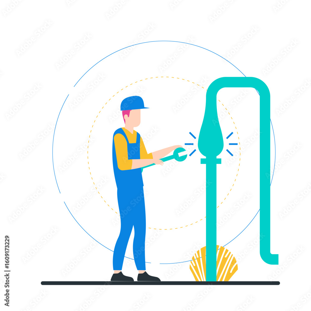 Poster congestion. plumber fixing a pipe with a wrench isolated on transparent background