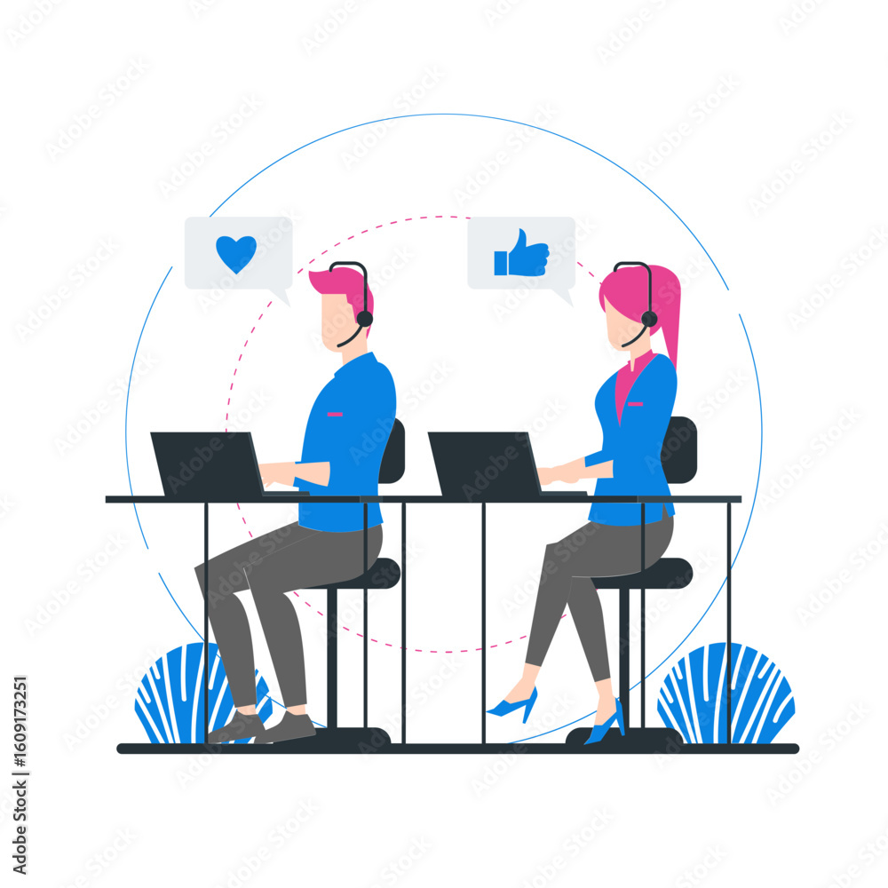 Poster customer service. customer service operators with headsets and laptops isolated on transparent backg